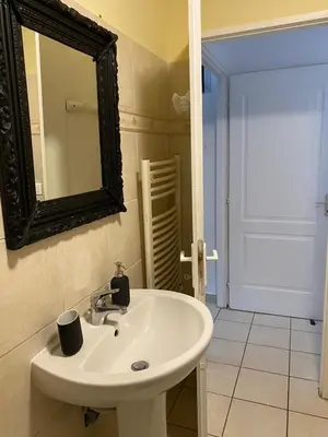 a bathroom with a white sink and a mirror at Agréable rez de jardin avec Piscine et Jacuzzi in Cervione