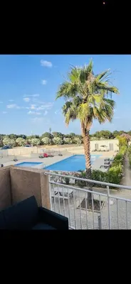 a view of a palm tree and a swimming pool at Bel appartement dans résidence avec piscine in Linguizzetta