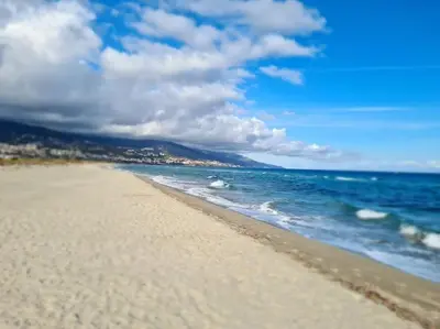 a sandy beach with the ocean in the background at Bel appartement dans résidence avec piscine in Linguizzetta