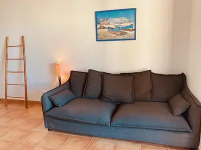 a couch in a living room with a picture on the wall at Punta di Mare in Linguizzetta