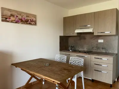 a kitchen with a wooden table and some chairs at Punta di Mare in Linguizzetta