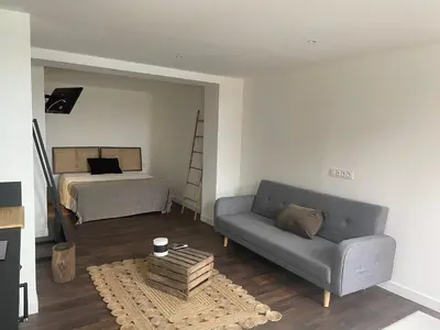 a living room with a couch and a bed at Charmante Propriété Arborée in Borgo