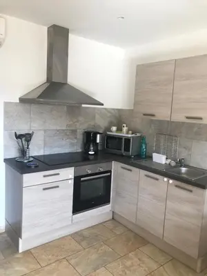 a kitchen with a stove and a microwave at Mini villa proche des plus belles plages in Porto-Vecchio