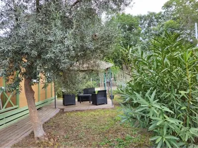 a garden with a table and chairs under a tree at Chalet climatisé avec patio en Haute Corse 5 couchages in Camp du Cap Sud