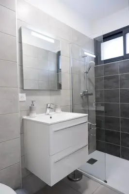 a white bathroom with a sink and a shower at N7 Maison T2 climatisé avec jacuzzi privé in Ajaccio