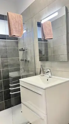 a bathroom with a white sink and a shower at N8 Maison T2 climatisé in Ajaccio