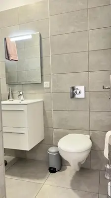 a bathroom with a toilet and a sink and a mirror at N8 Maison T2 climatisé in Ajaccio