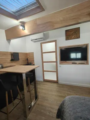 a room with a table and a television and a bed at Studio rue Fesch in Ajaccio