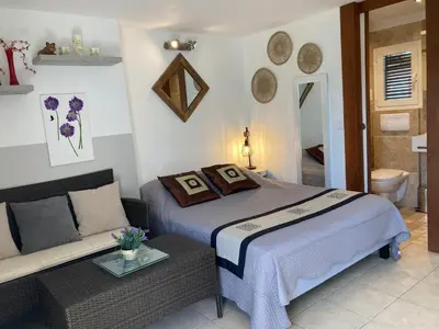 a bedroom with a bed and a couch at Locations au centre-ville de Porto-Vecchio, jardin, terrasse, parking privé in Porto-Vecchio