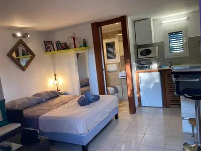 a small bedroom with a bed and a kitchen at Locations au centre-ville de Porto-Vecchio, jardin, terrasse, parking privé in Porto-Vecchio