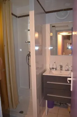 a bathroom with a shower and a sink at Appart 5 personnes a PORTICCIO Avec 2 piscines matériel enfant ,bébé clim in Porticcio
