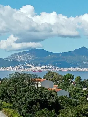 a view of a city and a body of water at Appart 5 personnes a PORTICCIO Avec 2 piscines matériel enfant ,bébé clim in Porticcio
