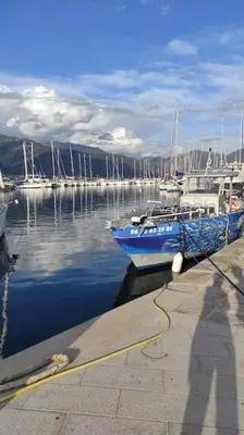 a blue boat is docked at a marina at Studio climatisée dans résidence à 5 minutes des plages a pied in Propriano