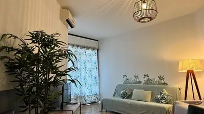 a living room with a couch and a plant at Studio pied dans l'eau - WIFI- Piscine in Santa-Lucia-di-Moriani