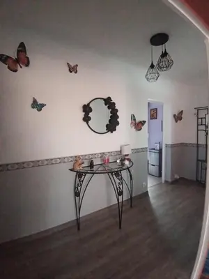 a room with a table with a mirror and butterflies on the wall at HAUT VILLA MESANGES EN BORD DE MER ! in Lucciana