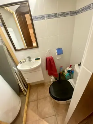 a bathroom with a black toilet and a sink at Charmant appartement T2 65m² in Quenza