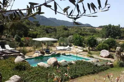 a swimming pool in a garden with rocks and an umbrella at Villa con piscina tra Porto vecchio e Bonifacio in Figari