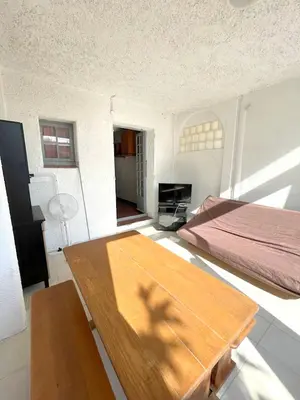 a bedroom with a bed and a wooden table at Studio cosy à Linguizzetta 32 m² avec terrasse privée in Linguizzetta