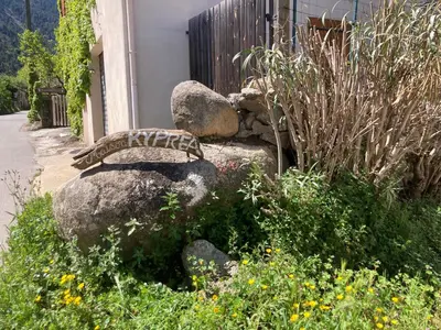 a rock garden with a bench on the side of a building at Maison Kyprea: charmant appartement /duplex , spacieux, tout confort avec terrasse extérieure privée, parking privatif , vue pittoresque sur la citadelle de Corté et les montagnes. in Corte