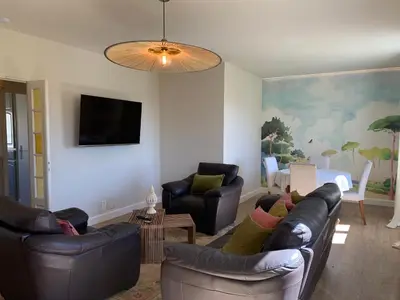 a living room with two leather couches and a tv at A CASA DI MAMMA in Pianottoli-Caldarello
