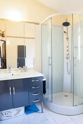 a bathroom with a shower and a sink and a shower at Studio Indépendant avec Terrasse in Furiani
