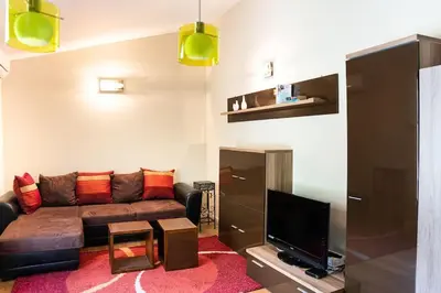 a living room with a brown couch and a flat screen tv at Studio Indépendant avec Terrasse in Furiani