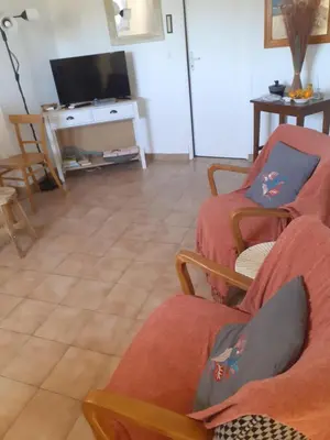 a living room with two red chairs and a tv at appartement climatisé 35 m2 pour 1 couple - piscine partagée - in Porto-Vecchio