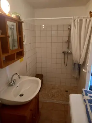 a bathroom with a sink and a shower at appartement climatisé 35 m2 pour 1 couple - piscine partagée - in Porto-Vecchio