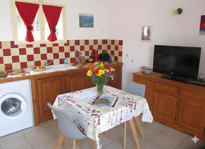 a kitchen with a table with a vase of flowers on it at mini villa studio 1 pièce 21 m2 pour 2 personnes piscine partagée climatisation in Porto-Vecchio