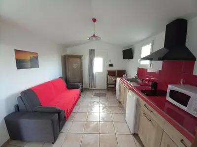 a living room with a red couch in a kitchen at mini villa studio 1 pièce 19 m2 pour 2 personnes piscine partagée climatisation in Porto-Vecchio