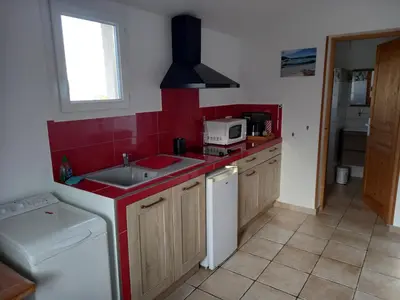 a small kitchen with a sink and a microwave at mini villa studio 1 pièce 19 m2 pour 2 personnes piscine partagée climatisation in Porto-Vecchio