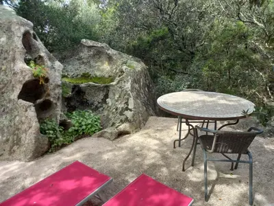 a garden with red flowers and rocks and trees at studio 1 pièce 16 m2 climatisé 2 personnes piscine partagée in Porto-Vecchio