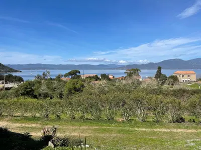a view of the water and a field with trees at Lavallee in Campomoro