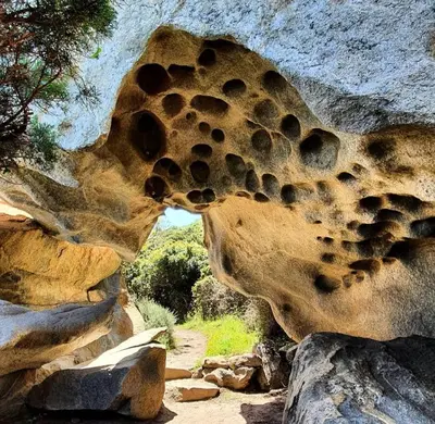 a rock formation with holes in it on a trail at Lavallee in Campomoro