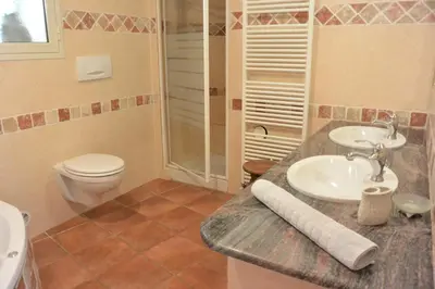 a bathroom with a sink and a toilet at Villa CAROLE Piscine privée Spa Fautéa in Zonza