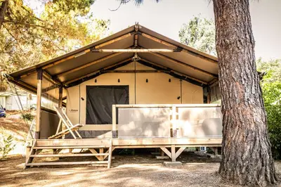 a restaurant with a bar with tables and wine bottles at Camping Olva *** in Sartène