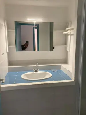 a bathroom with a sink and a mirror at ST CYPRIEN D29 -4/5 pers- à 250m de la plage de sable Saint Cyprien in Lecci