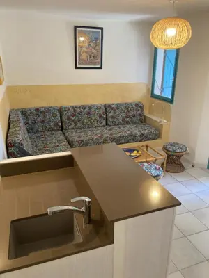 a living room with a couch and a kitchen with a sink at ST CYPRIEN D29 -4/5 pers- à 250m de la plage de sable Saint Cyprien in Lecci