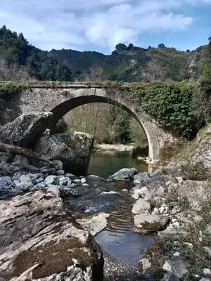 a stone bridge over a river with rocks at SANTA-LUCIA in Santa-Lucia-di-Moriani