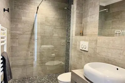 a bathroom with a shower and a toilet and a sink at Villa Leccia vue mer piscine chauffée Bonifacio in Bonifacio