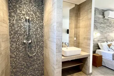 a bathroom with a shower with a sink and a toilet at Villa Leccia vue mer piscine chauffée Bonifacio in Bonifacio