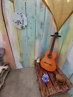 a guitar sitting on a wooden table in a room at Villa A Volta in Urtaca