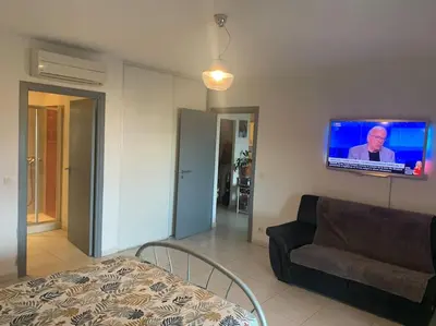 a living room with a couch and a flat screen tv at Trés Bel appartement de 105 M2 et 45 M2 de terrasse à 100 m du port in Porto-Vecchio