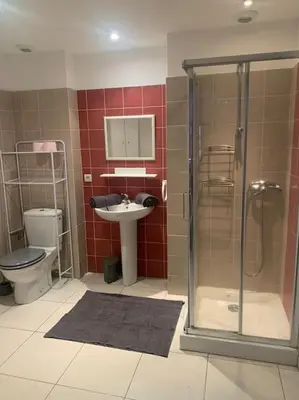 a bathroom with a shower and a toilet and a sink at Trés Bel appartement de 105 M2 et 45 M2 de terrasse à 100 m du port in Porto-Vecchio