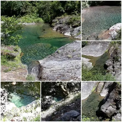 a group of four pictures of a river at Les bougainvilliers in Penta-di-Casinca