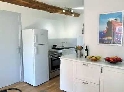 a kitchen with white appliances and a white refrigerator at Charmant T3 Centre ville Corté in Corte