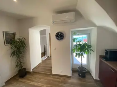 a hallway with two potted plants in a room at Maison de caractère, Zilia, au pied du Montegrossu in Zilia