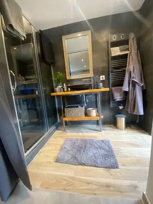 a bathroom with a shower and a mirror and a rug at Maison de caractère, Zilia, au pied du Montegrossu in Zilia