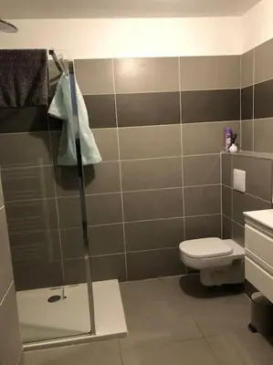 a bathroom with a shower and a toilet and a sink at T2 récent climatisé à 100m du port in Propriano