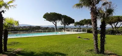 a swimming pool in a park with palm trees at Maison Les couchants Porticcio in Porticcio